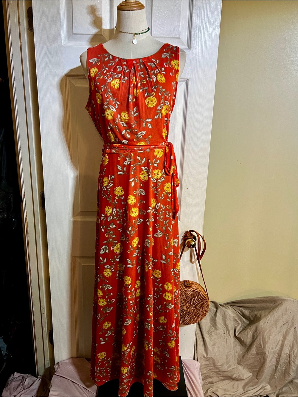 Allison Brittney Wms Coral Floral Sheer Mesh Lined Resort Summer Maxi Dress M